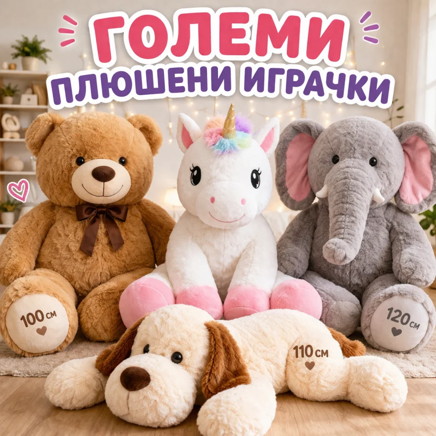 Големи плюшени играчки — мечета, еднорози и приятели за гушкане