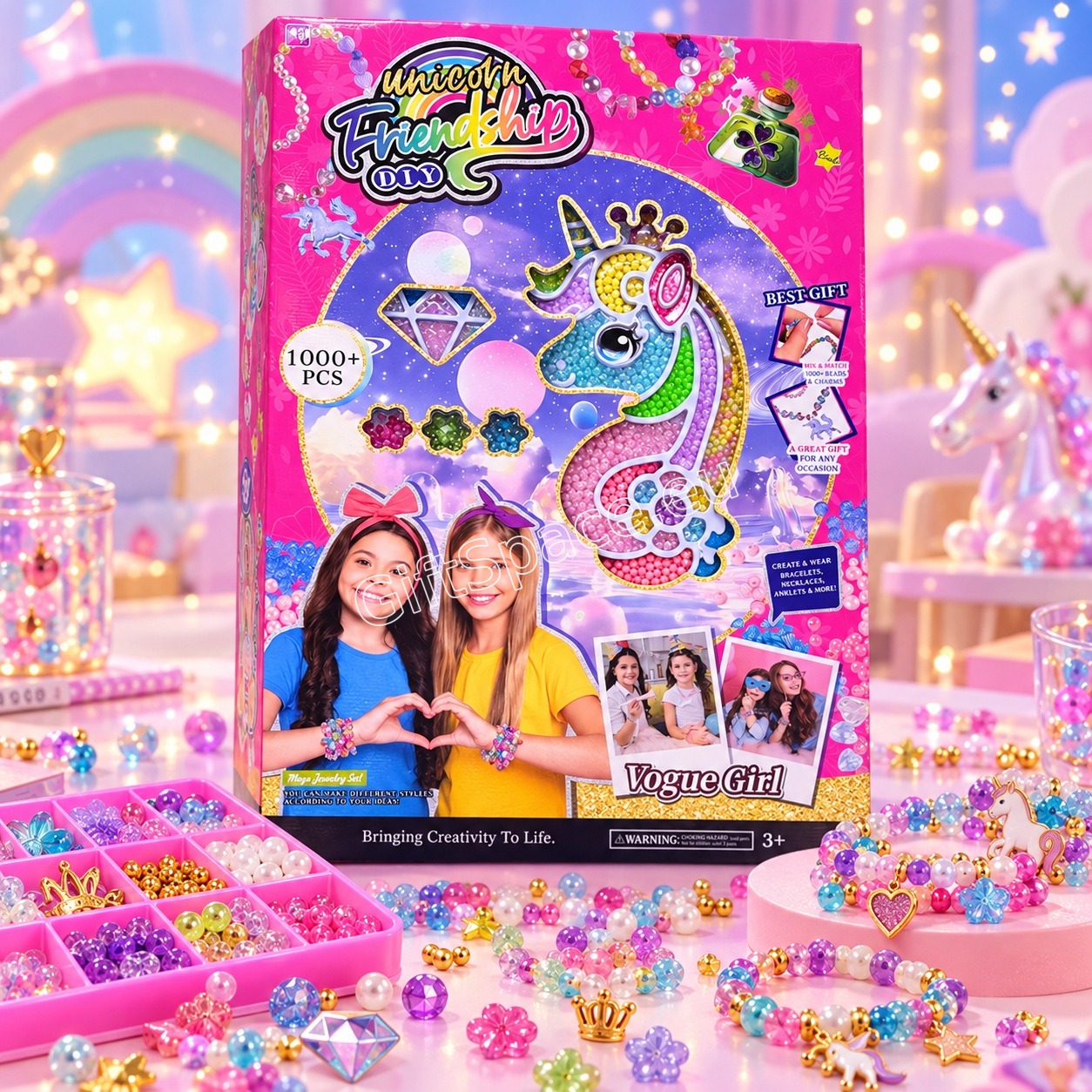 Unicorn Friendship DIY розов творчески комплект с еднорог и 1000 части за изработка на детски гривни и колиета