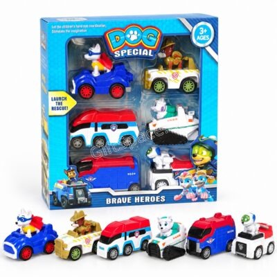 Подаръчен комплект Dog Special Brave Heroes с 6 спасителни автомобили и 4 кученца герои в синя кутия
