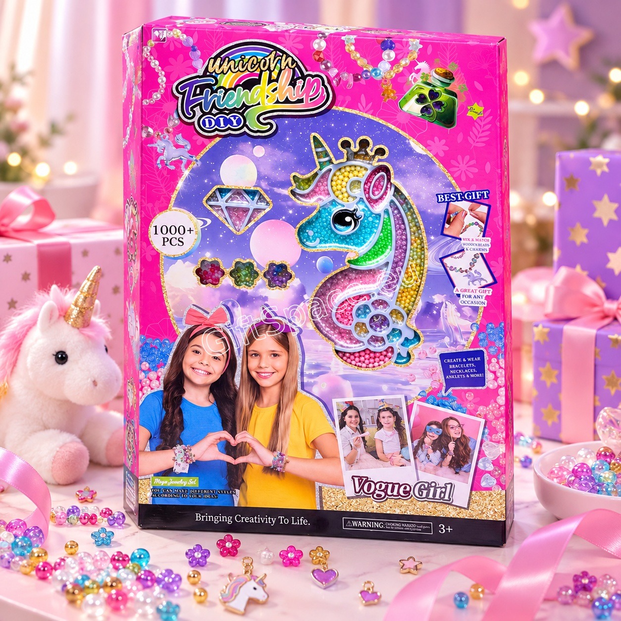 Unicorn Friendship DIY розов творчески комплект с еднорог и 1000 части за изработка на детски гривни и колиета