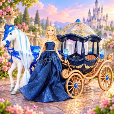 Fantasy Carriages вълшебна каляска с красива руса принцеса в тъмносиня рокля, бял кон и златисти декоративни колела
