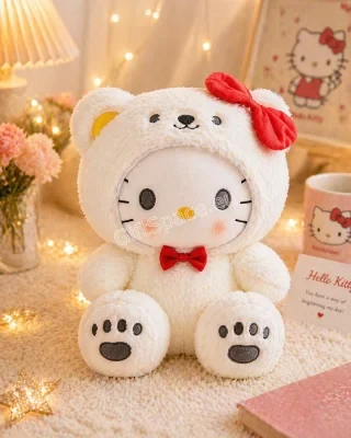 Плюшена играчка Hello Kitty в костюм на бяло мече с качулка