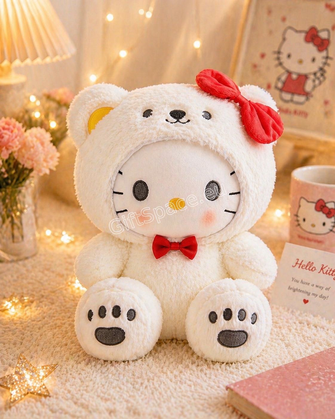 Плюшена играчка Hello Kitty в костюм на бяло мече с качулка