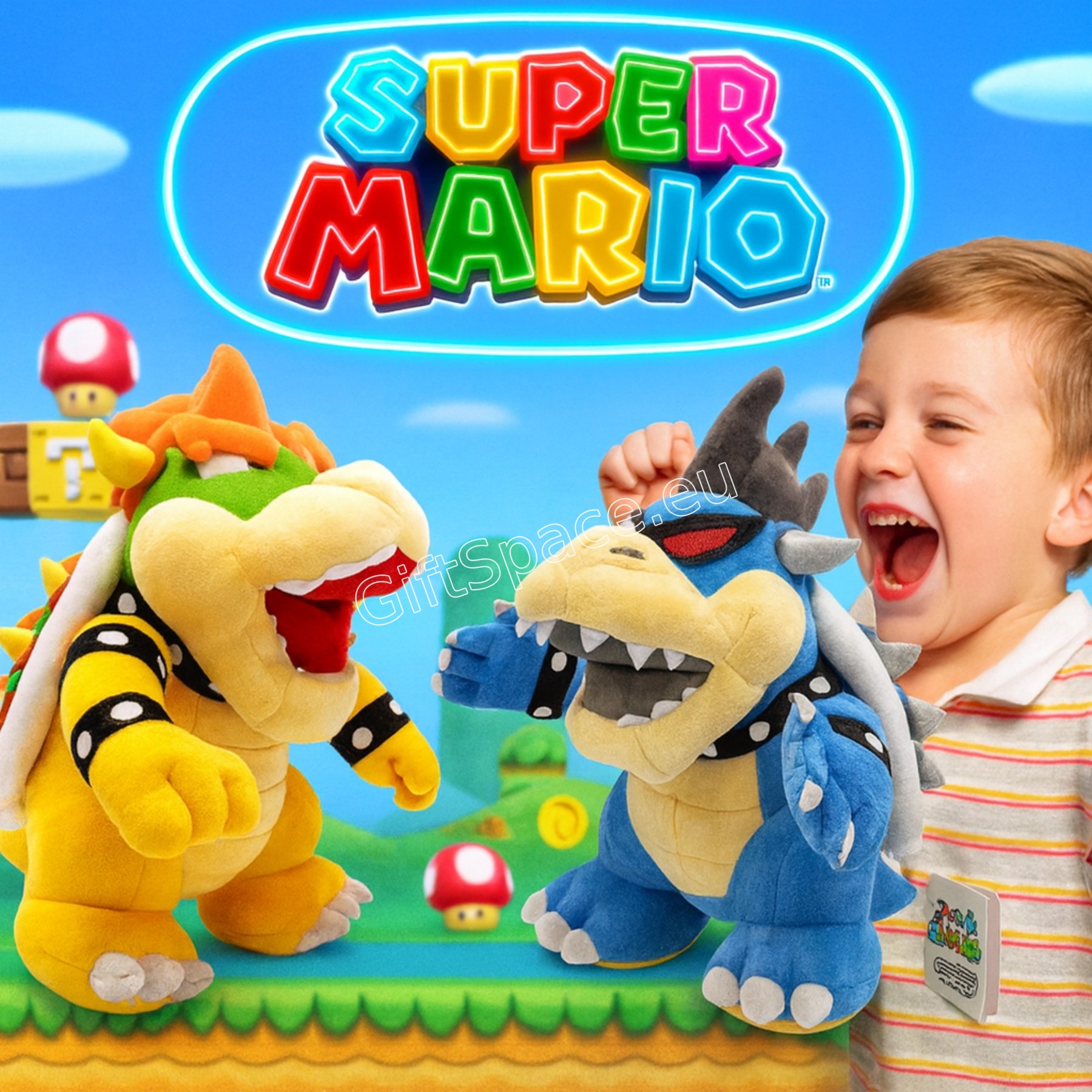 Плюшена играчка Bowser от Super Mario в жълт или син вариант