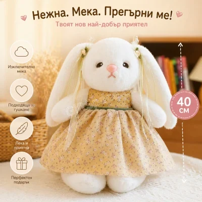 Бяло плюшено зайче с рокля и панделка