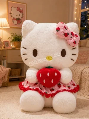 Плюшена играчка Hello Kitty с рокля на ягодки и ягодка