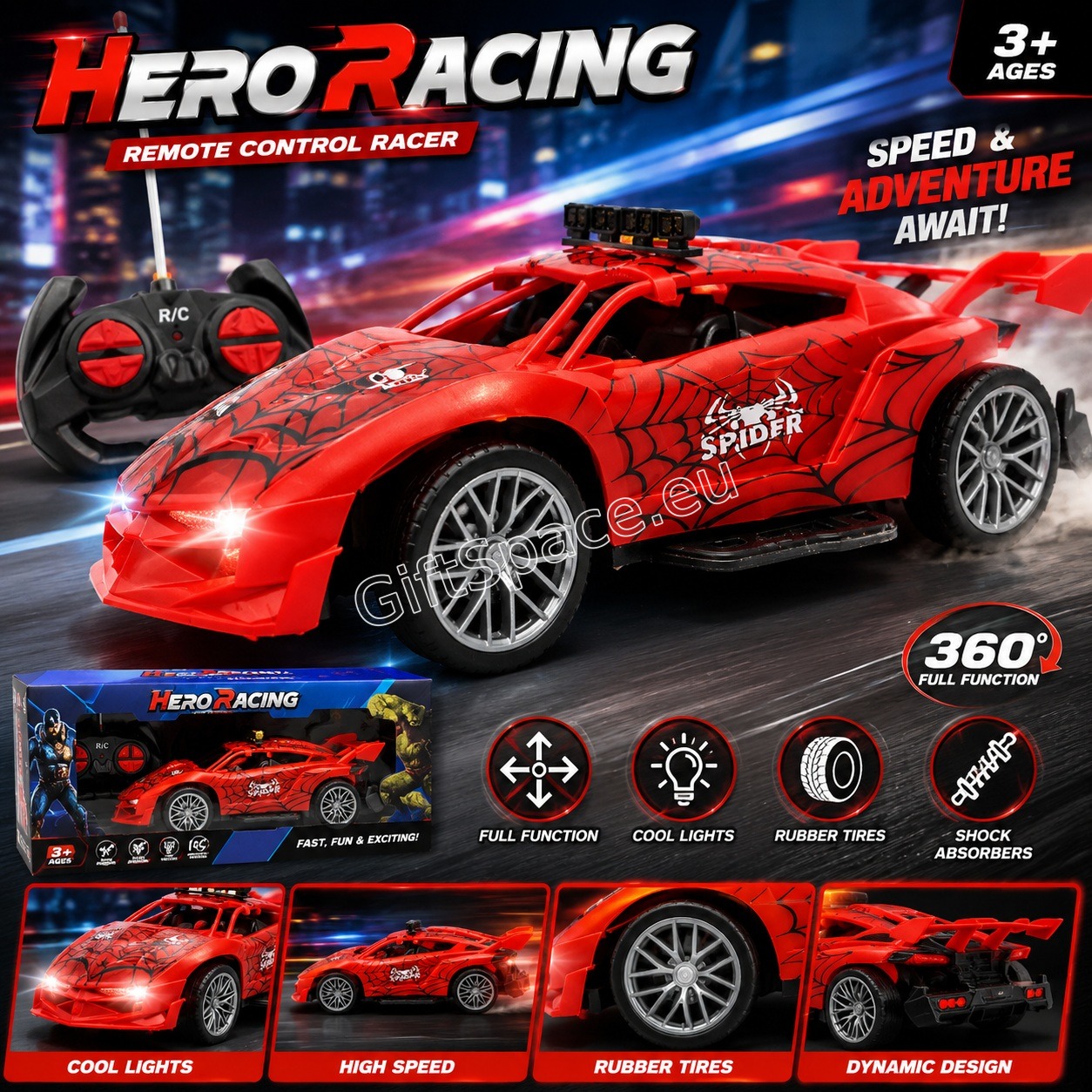 Кола с радиоконтрол Hero Racing със Спайдърмен или Хълк