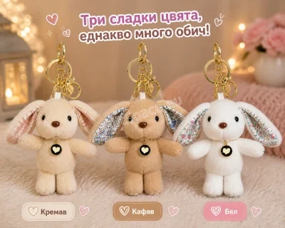 Плюшено зайче ключодържател с цветни уши и златист медальон