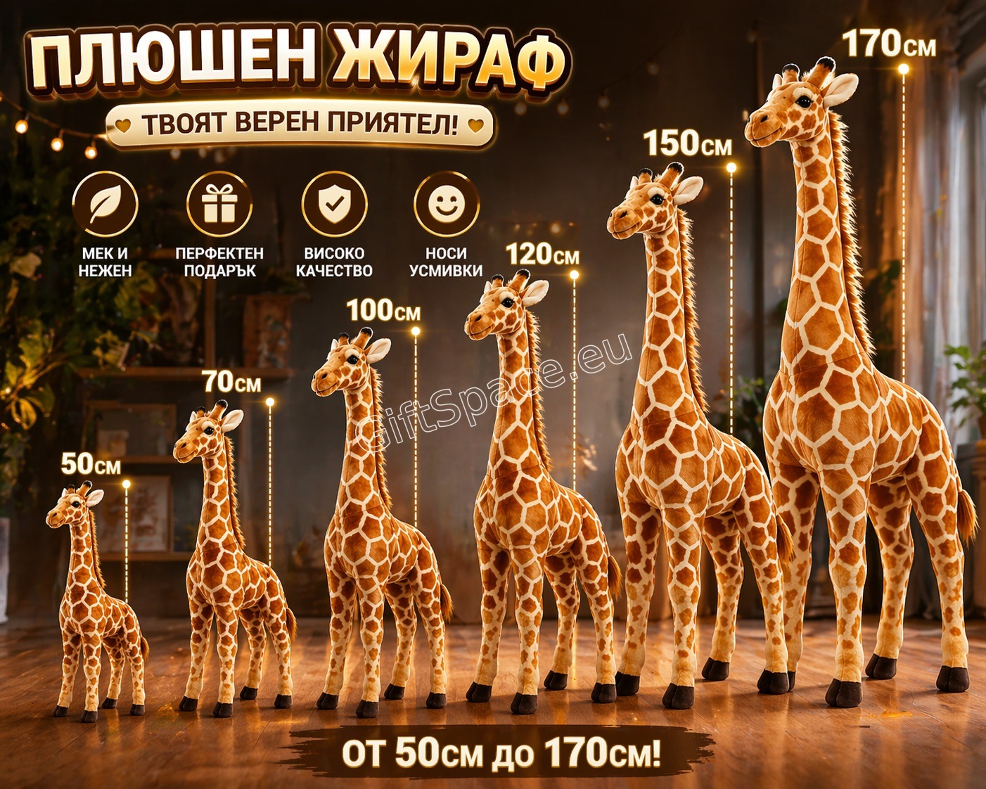 Реалистичен плюшен жираф с петнист десен