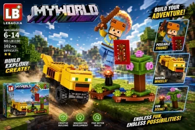 Конструктор My World с жълт пикселен камион, дърво и мини фигурка Алекс