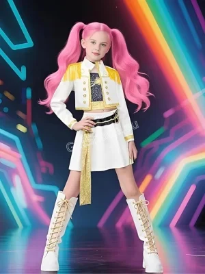 Бял детски K-pop костюм Mira & Zoey със златисти детайли и ресни