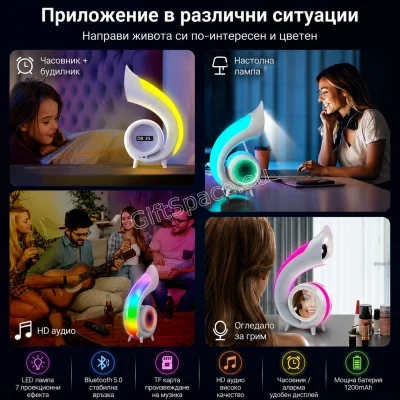 LED лампа с RGB светлина, Bluetooth високоговорител и дигитален часовник
