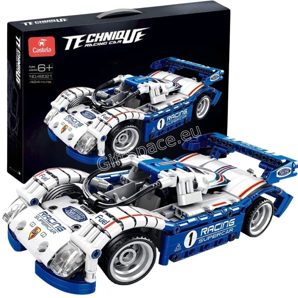 Сглобен синьо-бял състезателен автомобил от конструктора Technique Racing Car Supercar