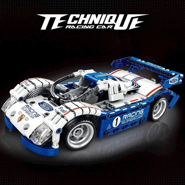 Сглобен синьо-бял състезателен автомобил от конструктора Technique Racing Car Supercar