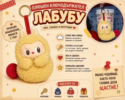 Плюшен ключодържател Labubu Shrimp с жълто тяло и червена опашка