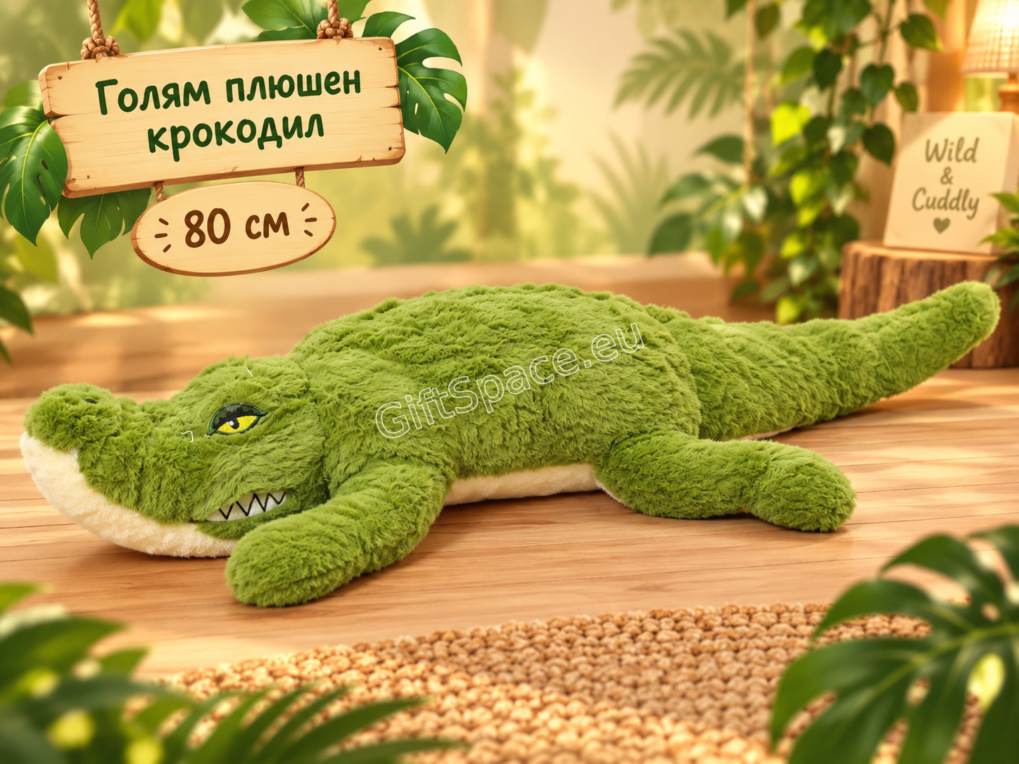 Зелена плюшена играчка крокодил с бежово коремче, 80 см