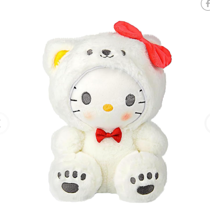 Плюшена играчка Hello Kitty в костюм на бяло мече с качулка