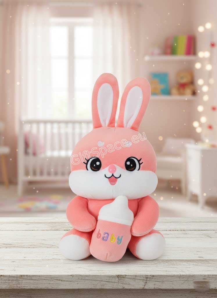 Розово-бяло плюшено зайче Baby с шише