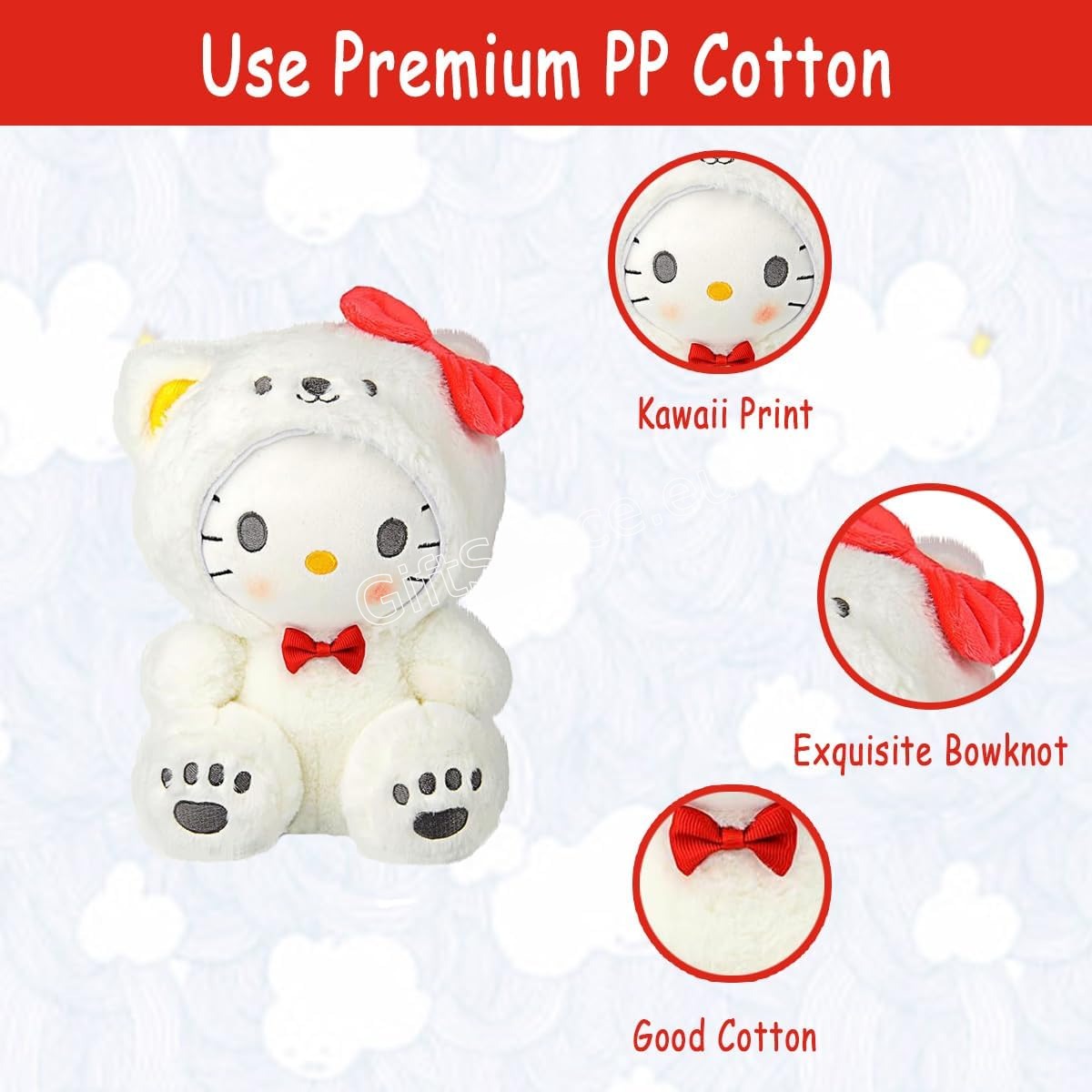 Плюшена играчка Hello Kitty в костюм на бяло мече с качулка