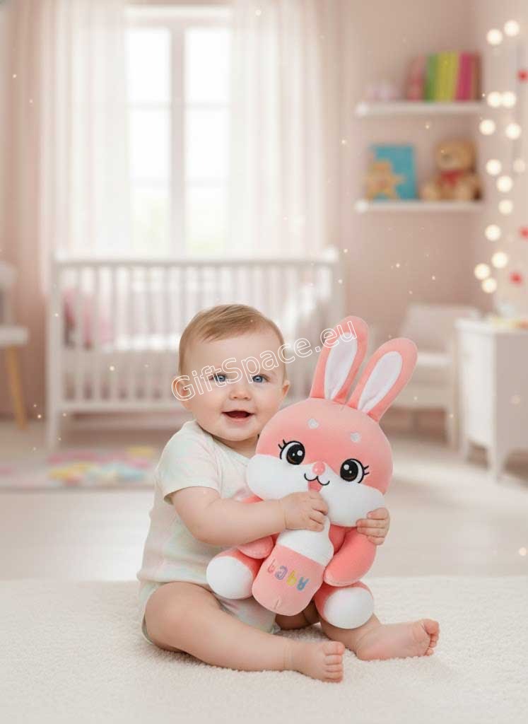 Розово-бяло плюшено зайче Baby с шише