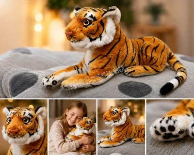 Плюшена играчка тигър в легнала поза