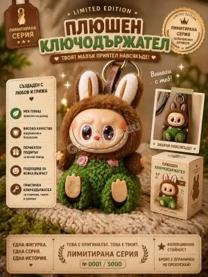 Плюшен ключодържател Labubu Forest със зелен гащеризон и розови детайли