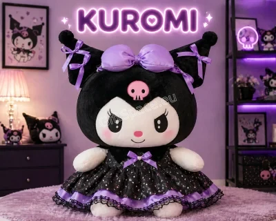 Плюшена Kuromi от Sanrio с лилава рокля и черна качулка