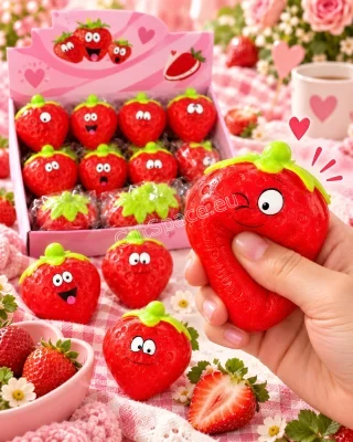 Червена скуиши играчка във форма на ягода със зелени листенца и весело лице